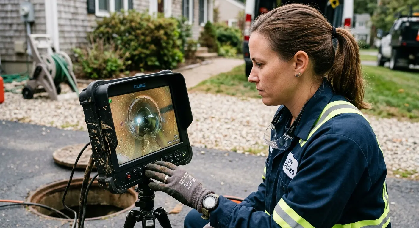 Technician reviewing sewer camera inspection footage in Rockcreek