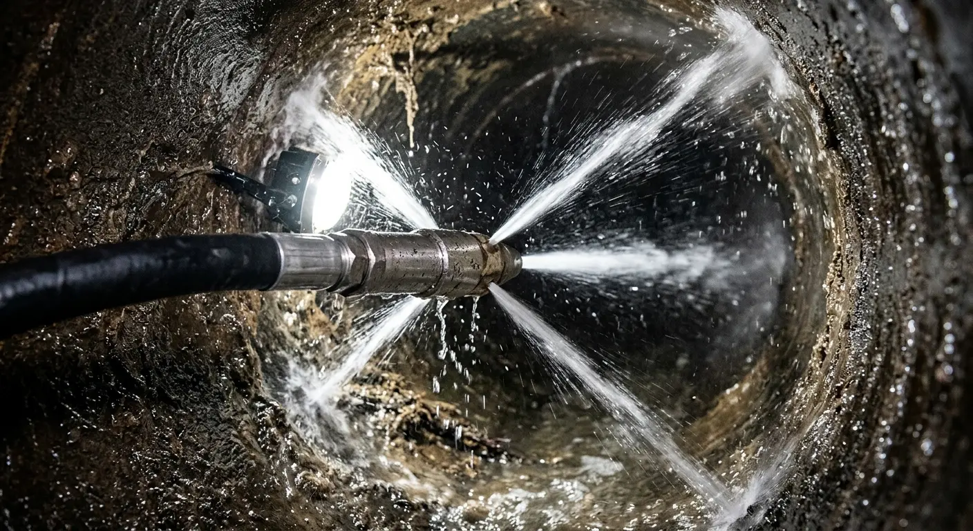 High-pressure hydro jetting nozzle cleaning sewer pipe for Emergency Drain Service in Rockcreek