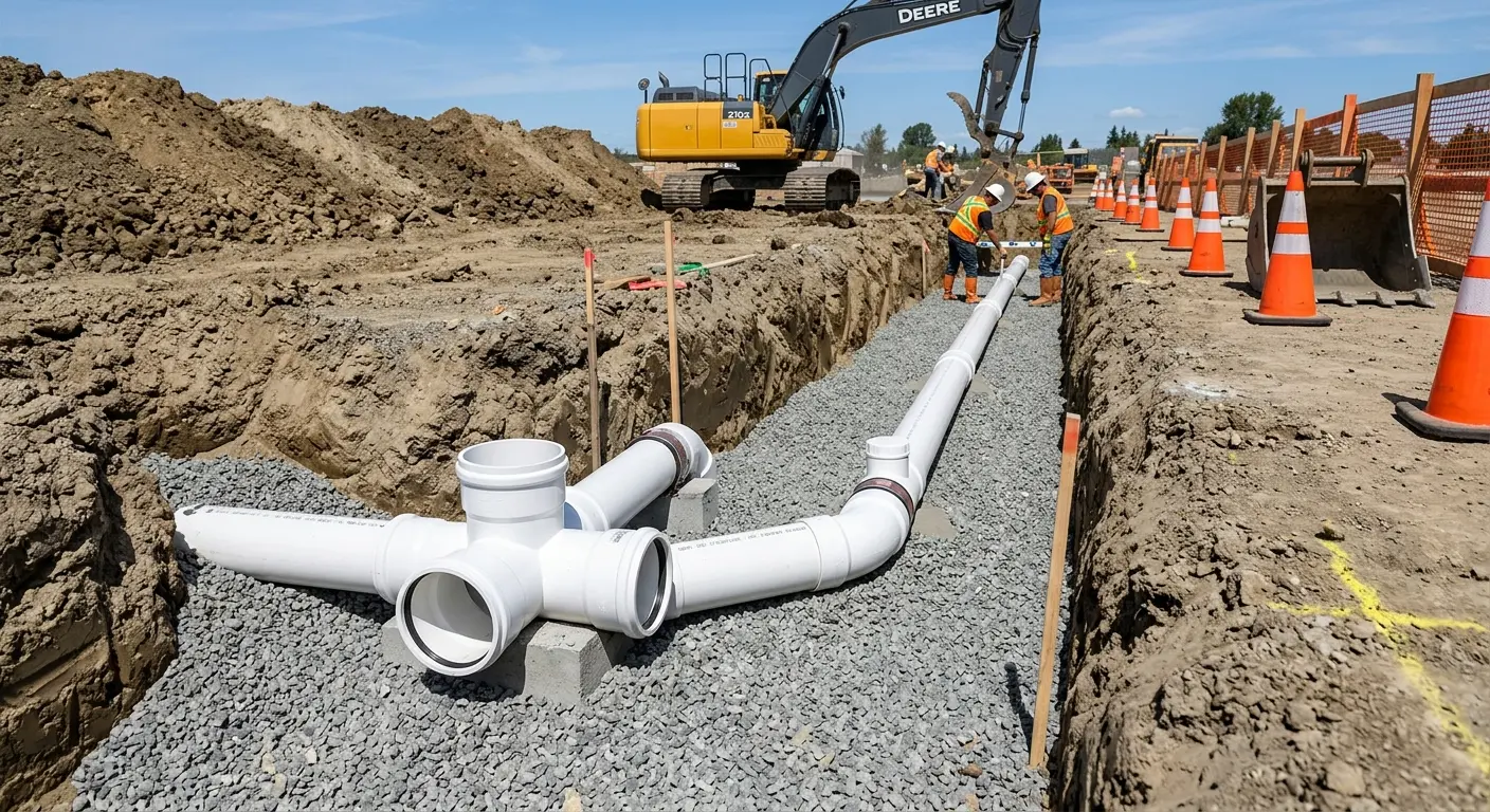 New PVC sewer pipe installation in open trench for Sewer Backup in Rockcreek