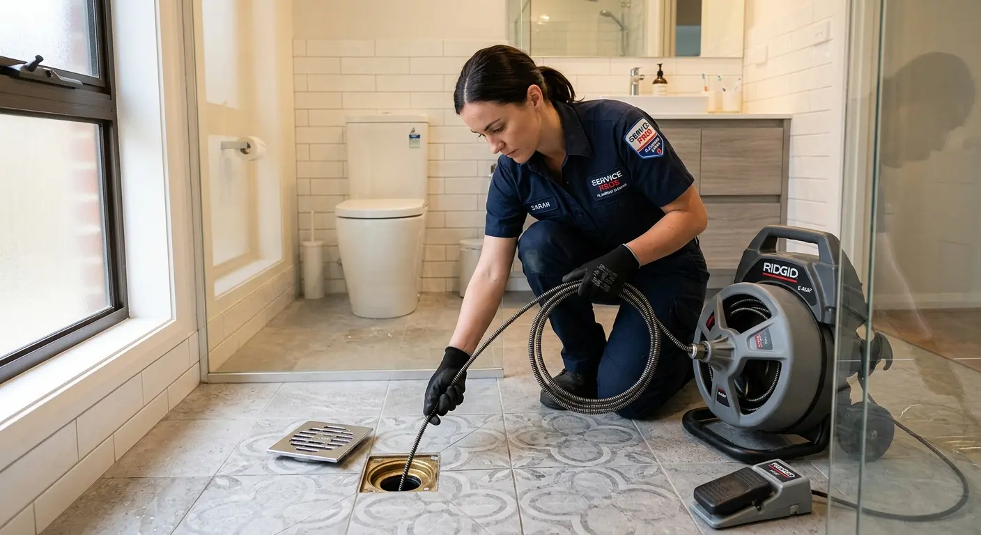 Technician clearing a bathroom floor drain for Sewer Line Replacement in Rockcreek